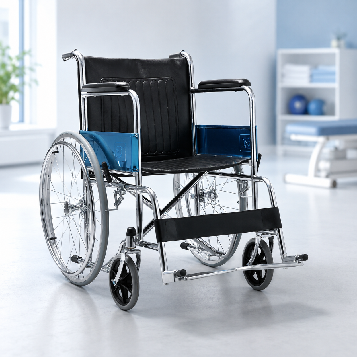Foldable standard manual wheelchair with large rear wheels, footrests and caregiver push handles in Kenya