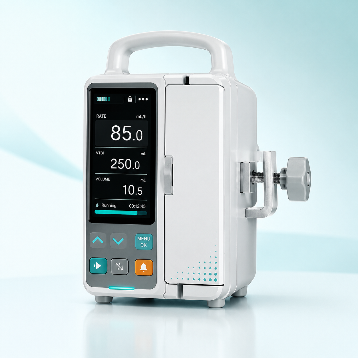 Medical infusion pump for controlled IV fluid delivery in a